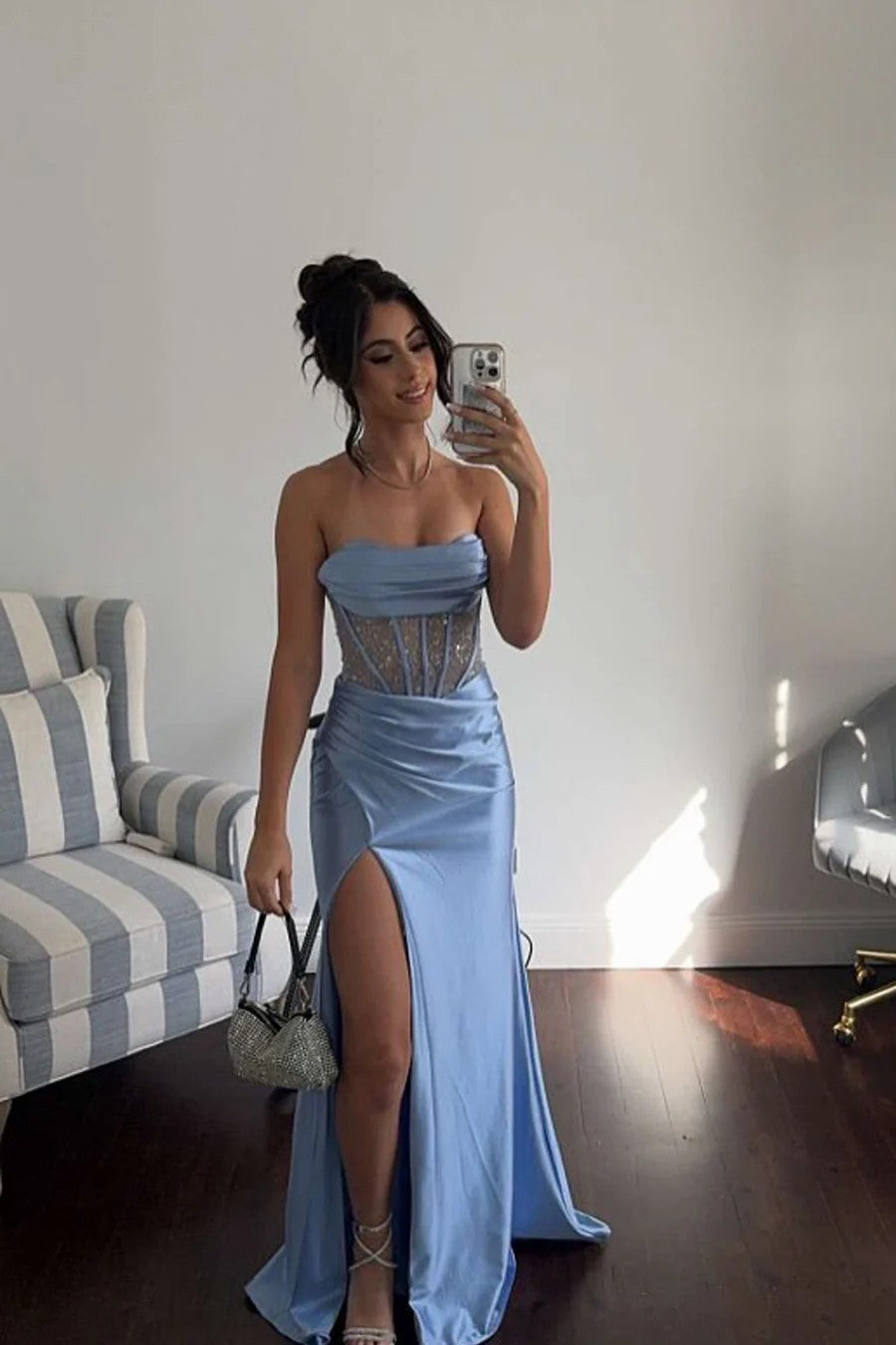 Lumidress Elegant Dusty Blue Satin Strapless Corset Prom Dress with High Slit