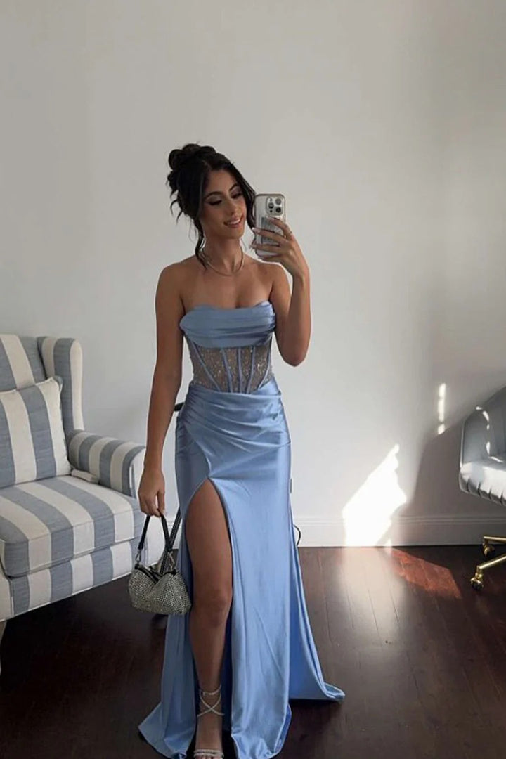 Lumidress Elegant Dusty Blue Satin Strapless Corset Prom Dress with High Slit