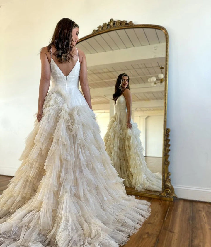 Lumidress Champagne Tulle Ball Gown Prom Dress with V-Neck