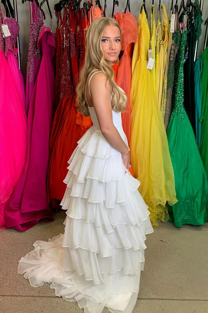 Lumidress Elegant White V-Neck Tiered Chiffon Prom Gown