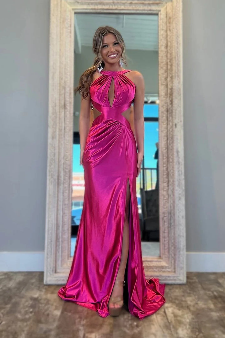Lumidress Radiant Fuchsia Satin Cut-Out Mermaid Evening Gown with Halter Neck