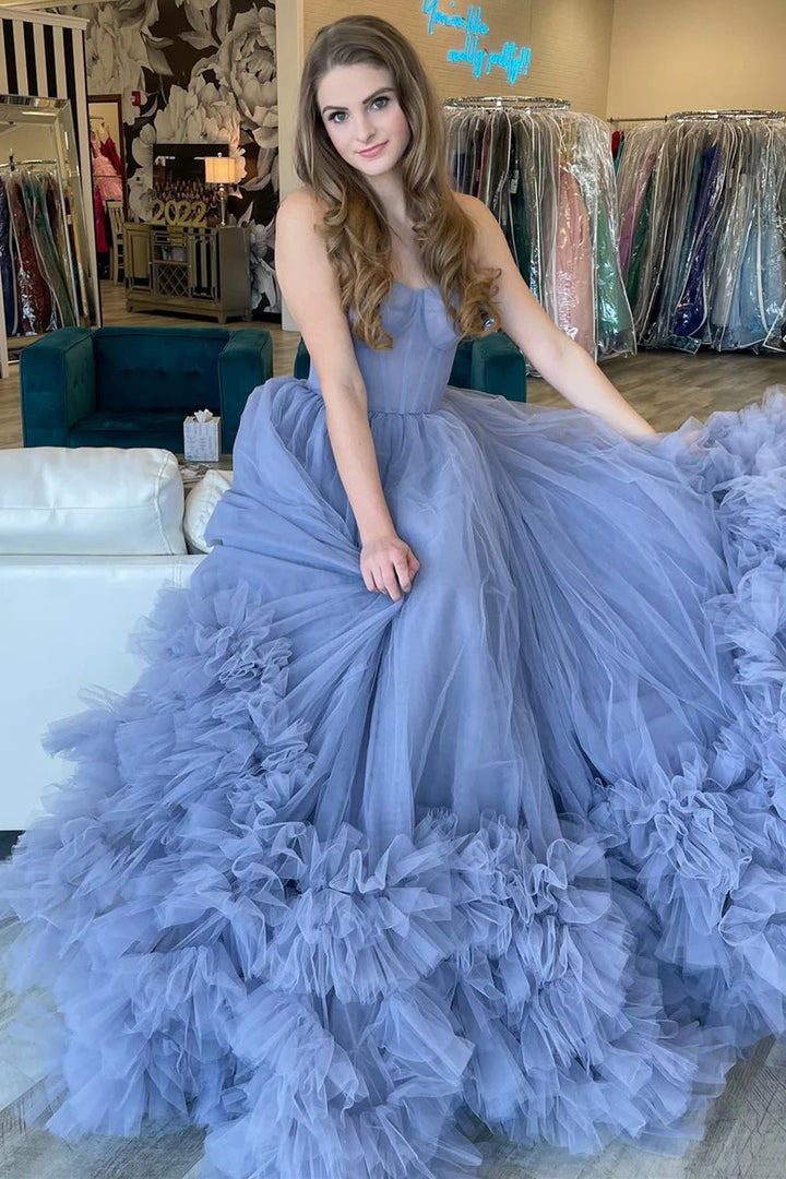 Lumidress Glamorous Periwinkle Strapless Tulle Ball Gown with Ruffled Hem