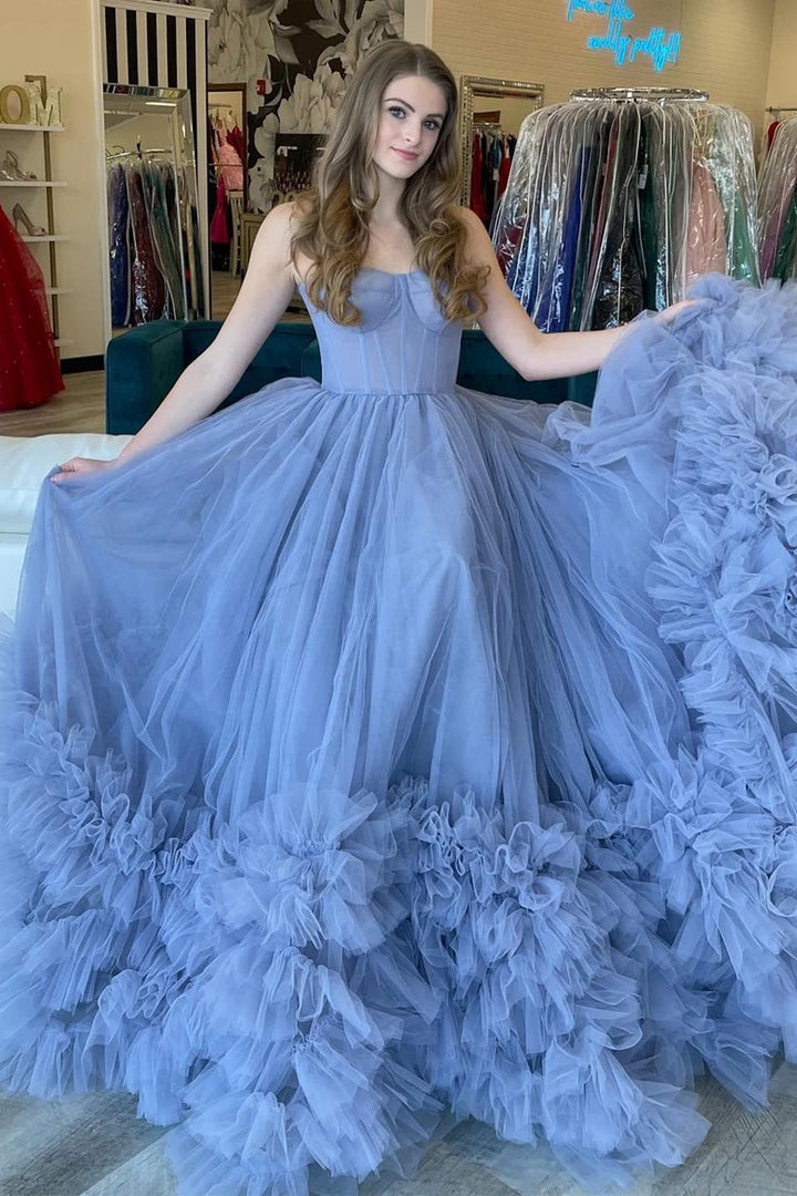Lumidress Glamorous Periwinkle Strapless Tulle Ball Gown with Ruffled Hem