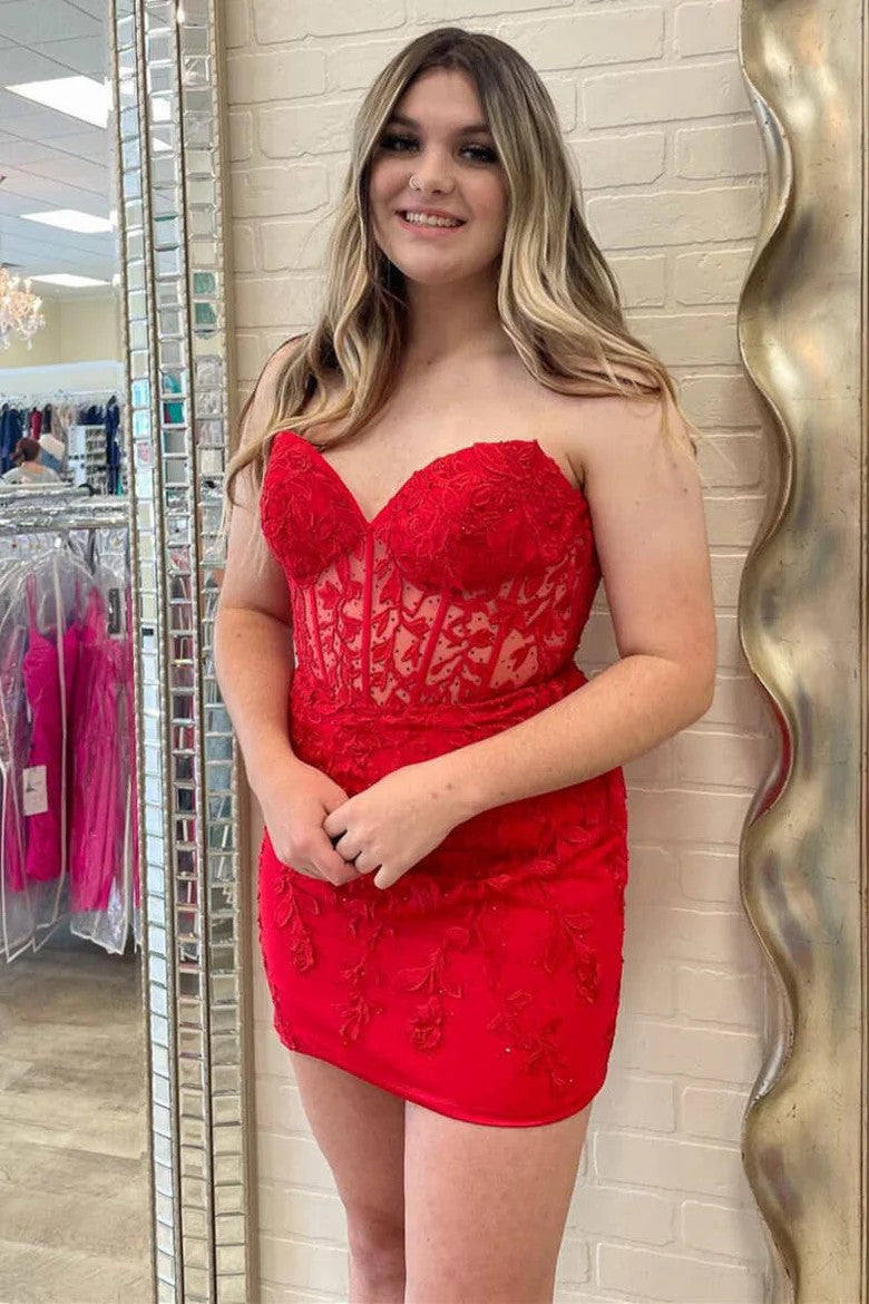 Lumidress Elegant Strapless Mini Homecoming Dress with Lace Appliques