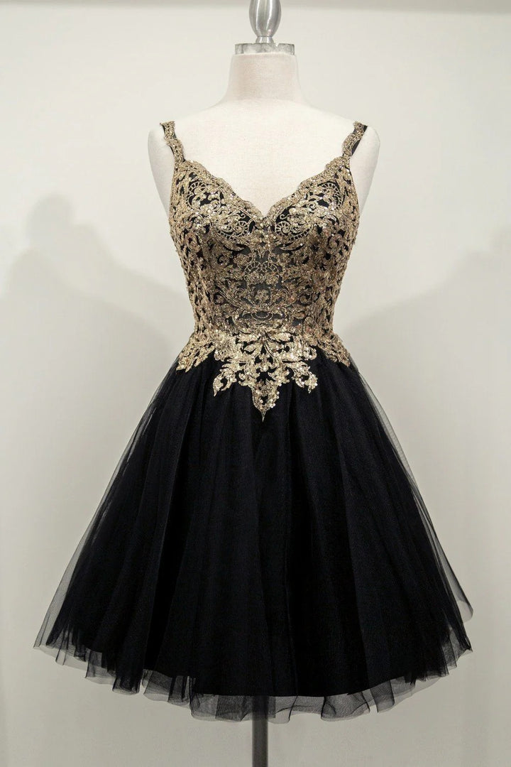 Lumidress V-Neck Lace Sequin Short Layered Tulle Skirt Homecoming Dress