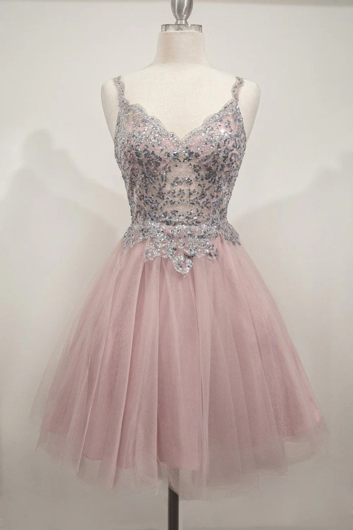 Lumidress V-Neck Lace Sequin Short Layered Tulle Skirt Homecoming Dress
