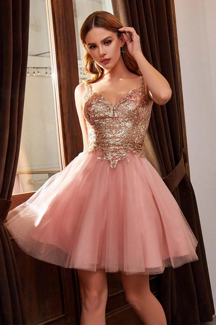 Lumidress V-Neck Lace Sequin Short Layered Tulle Skirt Homecoming Dress