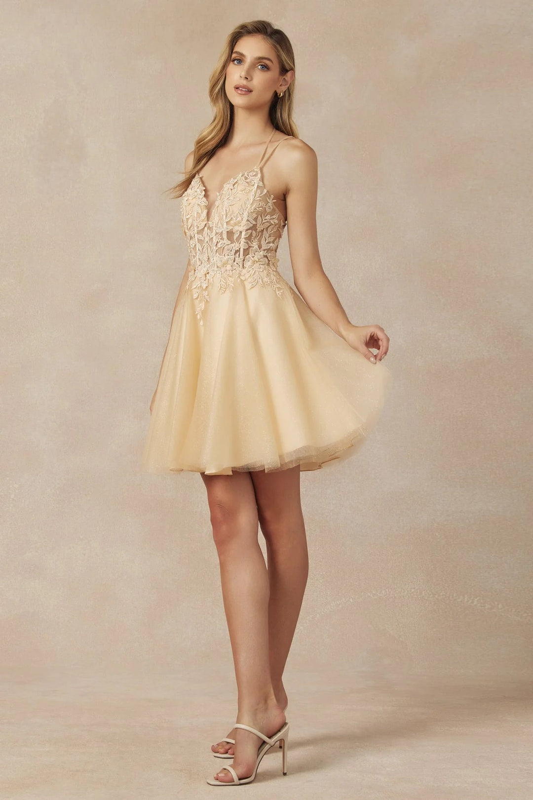 Lumidress Sweetheart Neck Floral Appliques Short Glitter Tulle A-Line Dress