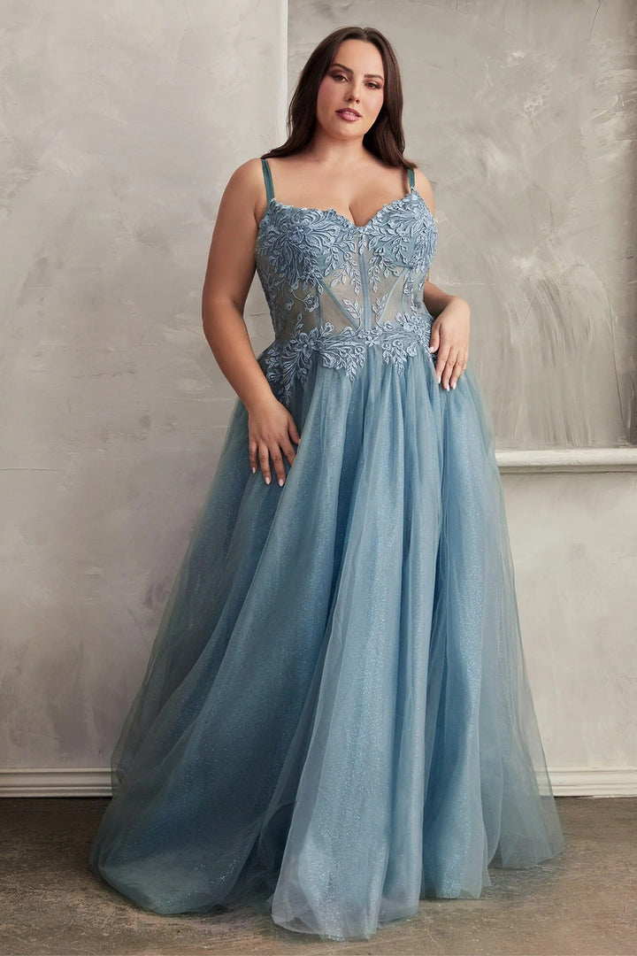 Lumidress Lace Applique Sleeveless Corset Glitter Tulle Slit Gown