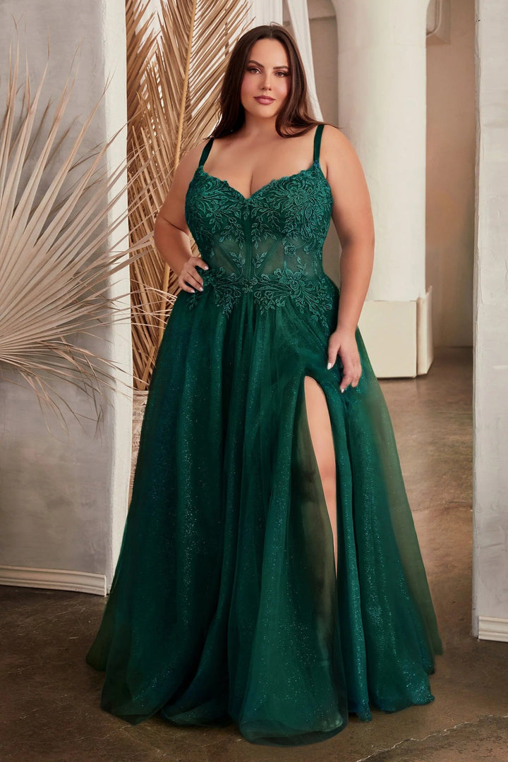 Lumidress Lace Applique Sleeveless Corset Glitter Tulle Slit Gown