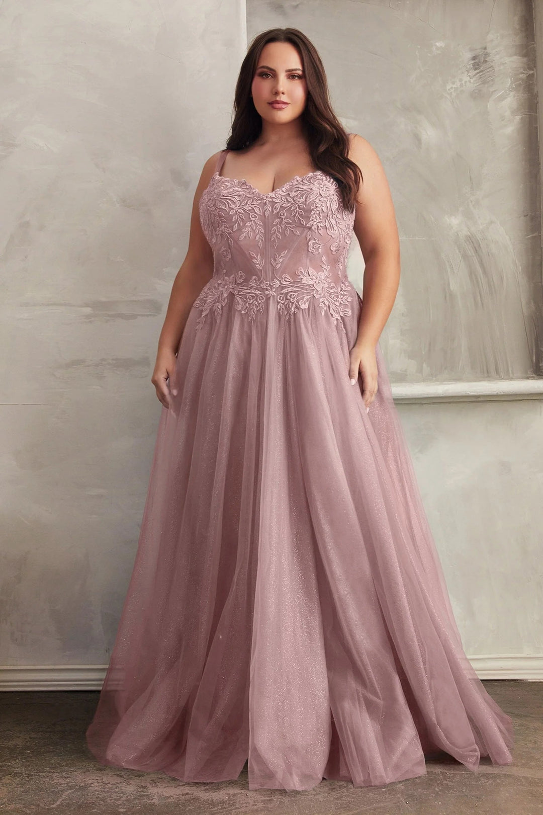 Lumidress Lace Applique Sleeveless Corset Glitter Tulle Slit Gown