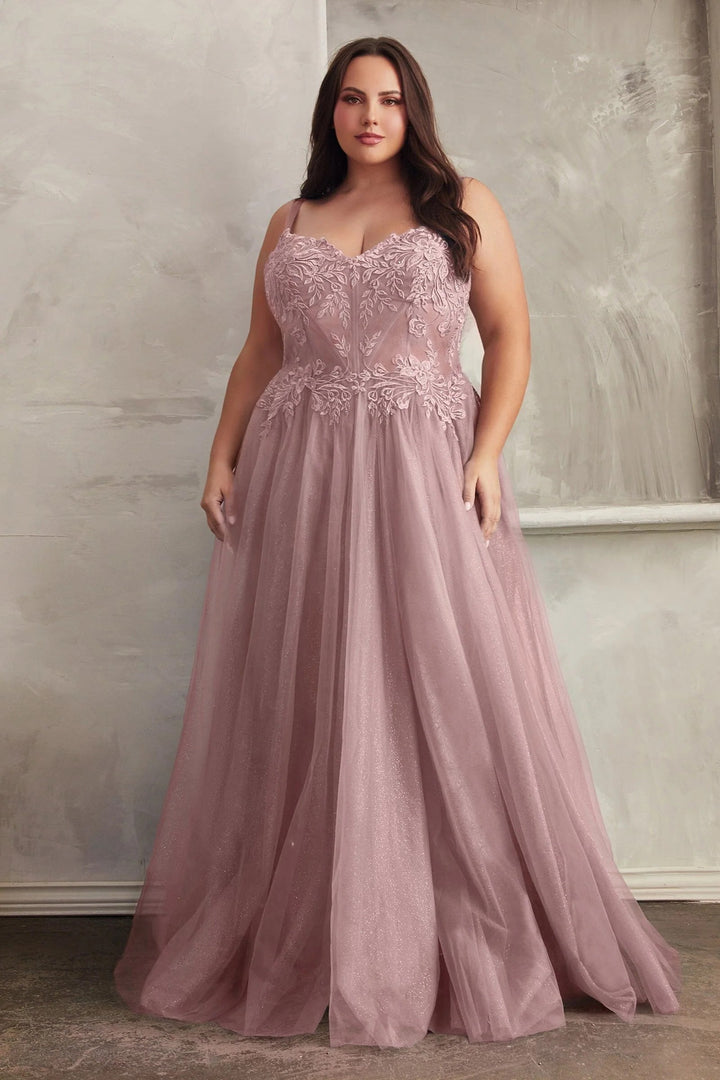 Lumidress Lace Applique Sleeveless Corset Glitter Tulle Slit Gown