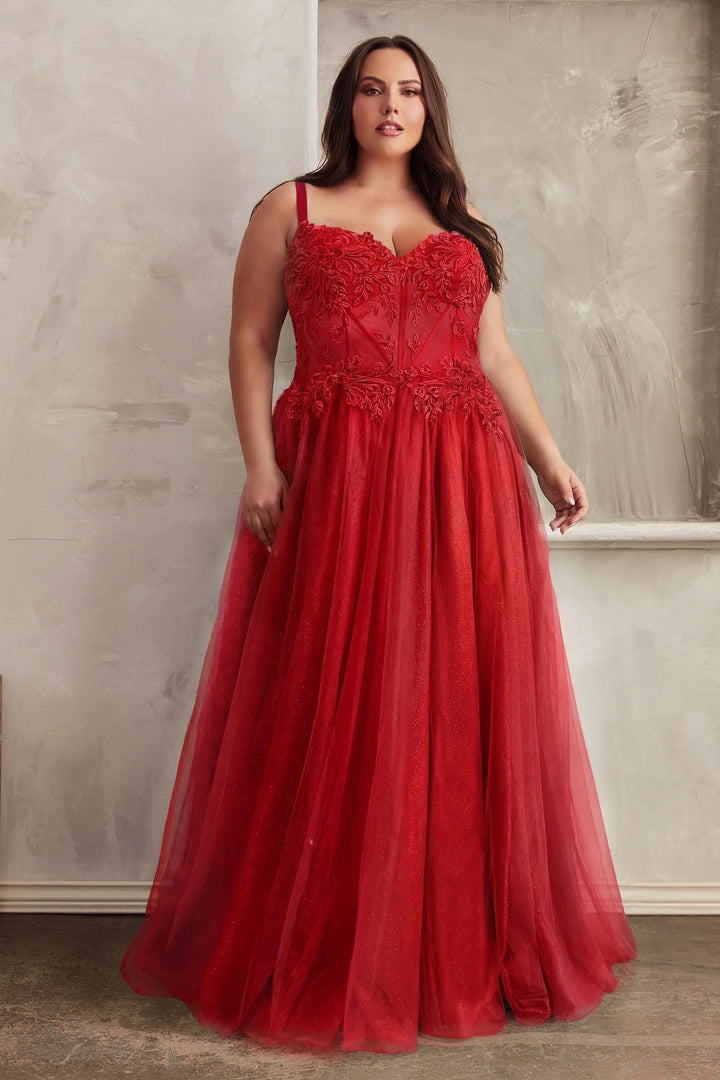 Lumidress Lace Applique Sleeveless Corset Glitter Tulle Slit Gown