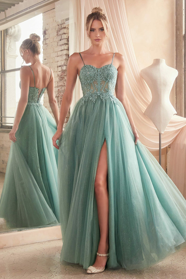 Lumidress Lace Applique Sleeveless Corset Glitter Tulle Slit Gown