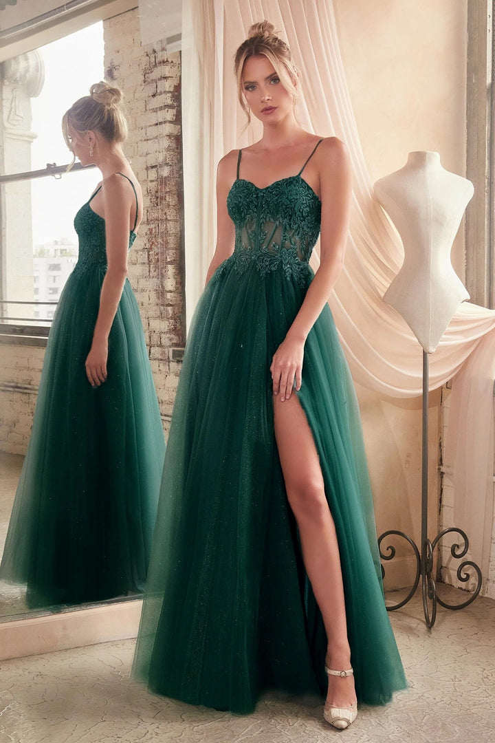 Lumidress Lace Applique Sleeveless Corset Glitter Tulle Slit Gown
