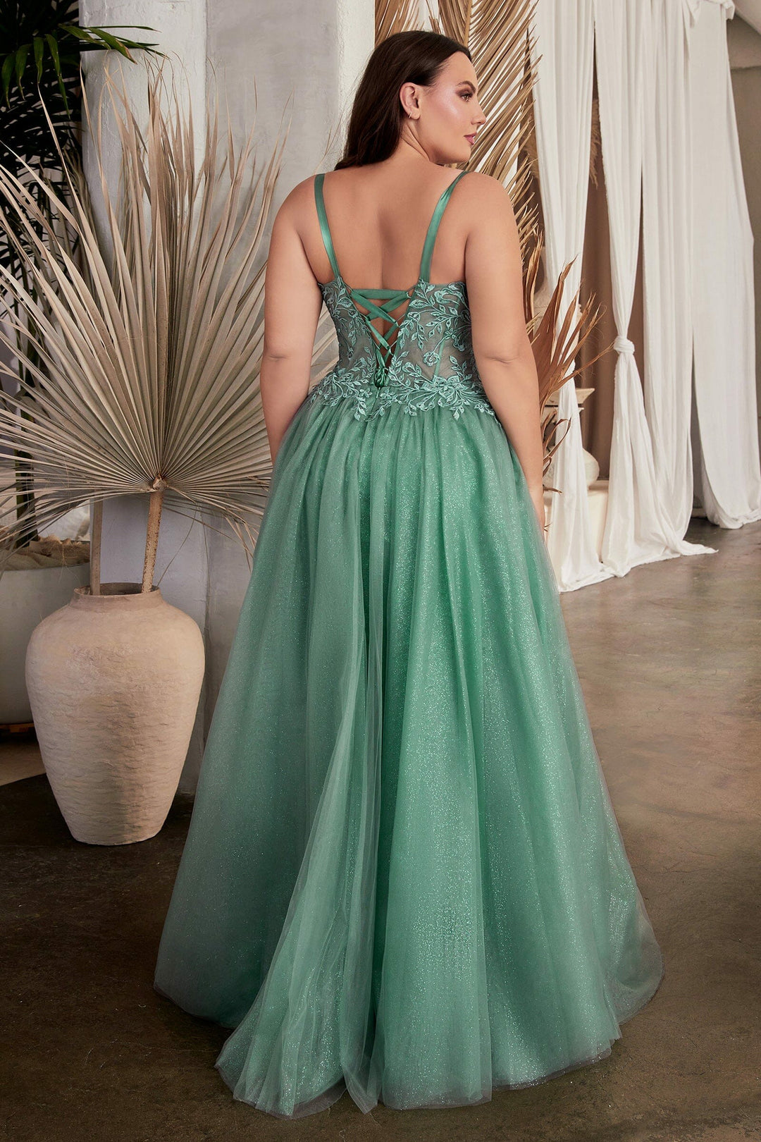 Lumidress Lace Applique Sleeveless Corset Glitter Tulle Slit Gown