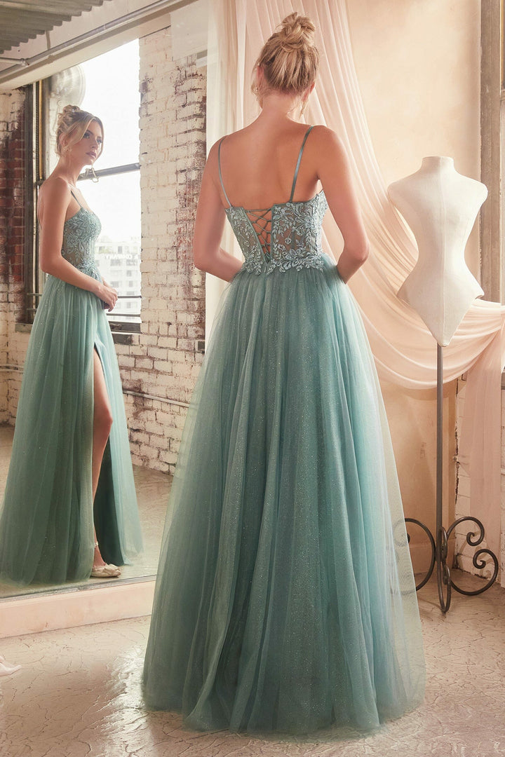 Lumidress Lace Applique Sleeveless Corset Glitter Tulle Slit Gown