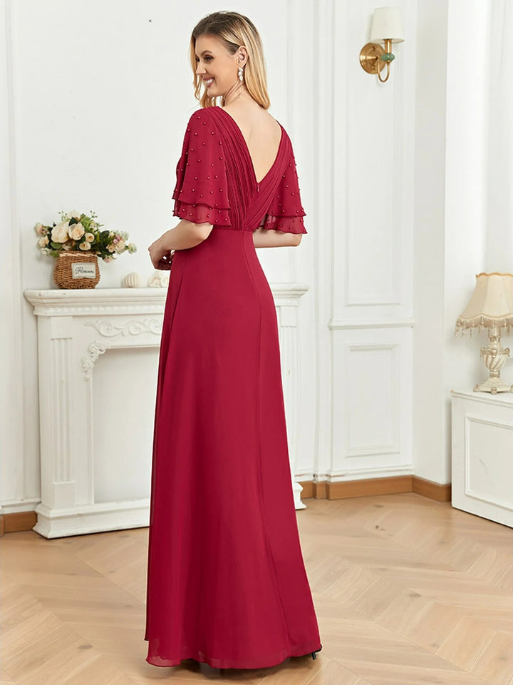 Lumidress Women's Evening Dress Flared Sleeve Chiffon V-Neck Wine Bridesmaid Dress