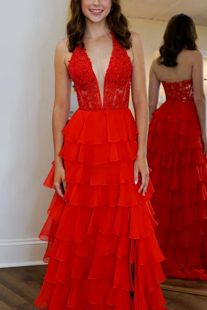 Lumidress Graceful Halter V-Neck Empire-Waist Layered Chiffon Prom Gown