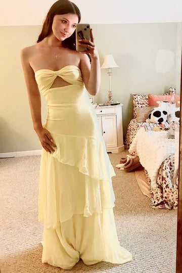 Lumidress Blue Strapless Ruffle Chiffon Floor-Length Prom Party Dress