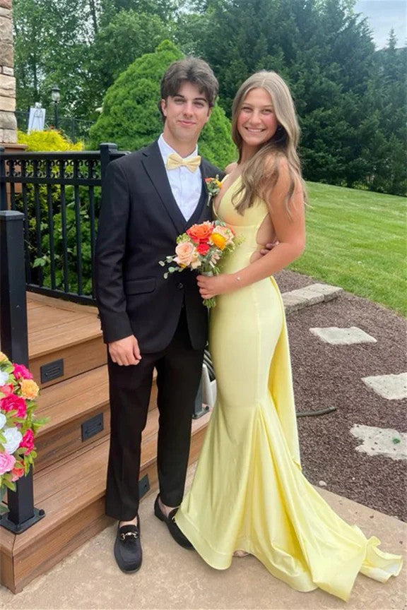 Lumidress Yellow Satin Sleeveless V-Neck Mermaid Prom Gown with Crisscross Back