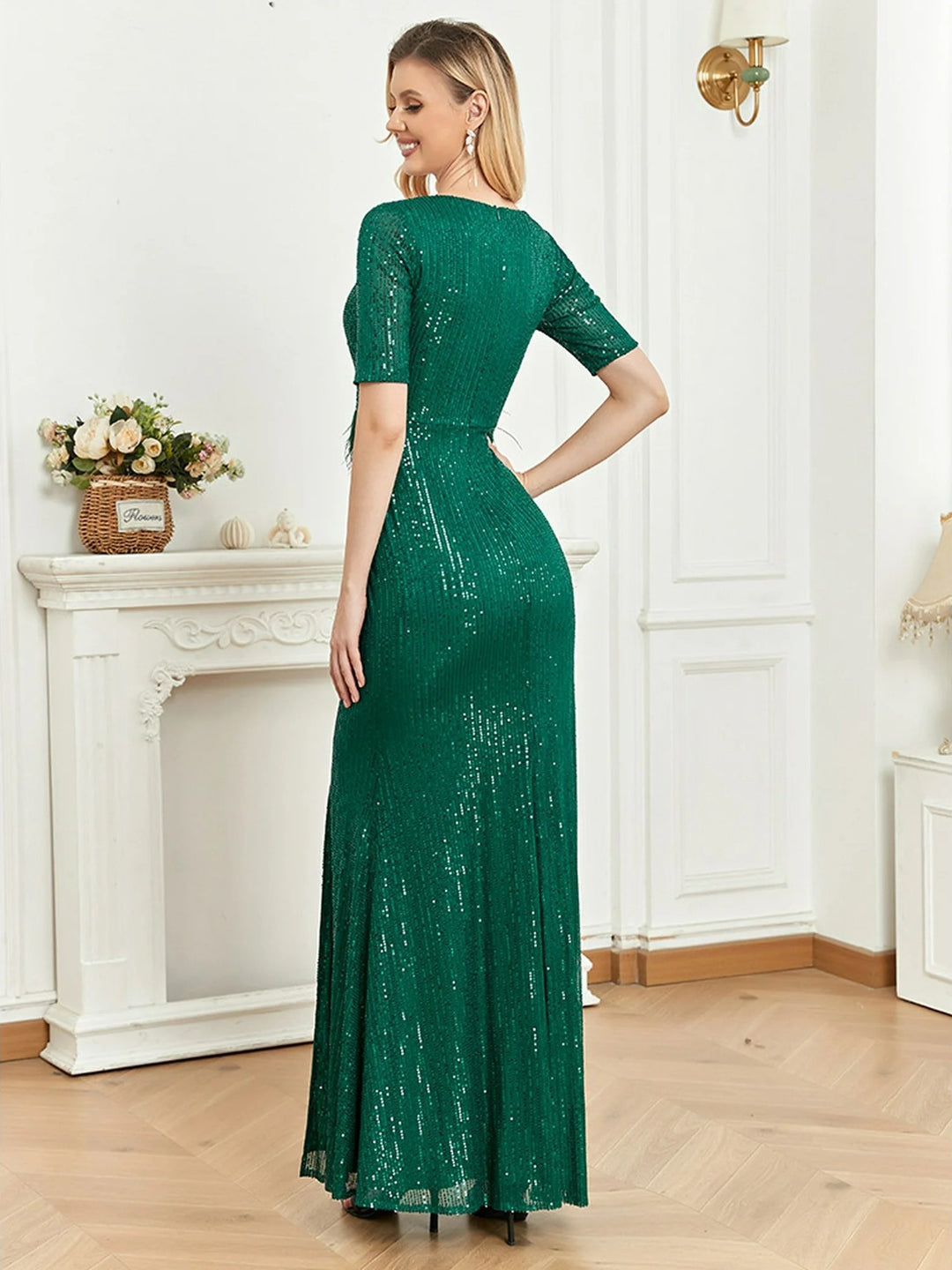 Lumidress Sheath/Column Sequin V-Neck Empire Waist Evening Gown with Feathers