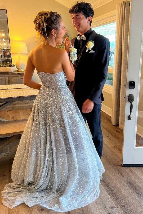 Lumidress Sparkly Silver Grey A-Line Strapless Sequin Long Prom Dress