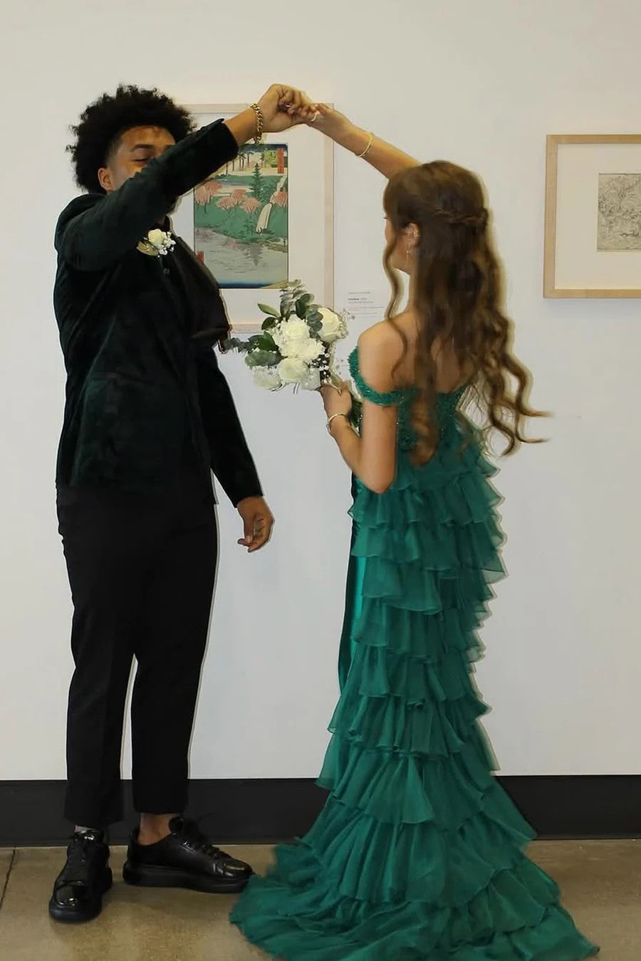 Lumidress Emerald Off-the-Shoulder Mermaid Prom Dress with Beaded Lace and Cascading Ruffles