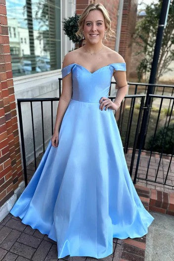 Lumidress Blue Off-the-Shoulder A-Line Prom Dress with Lace-Up Back