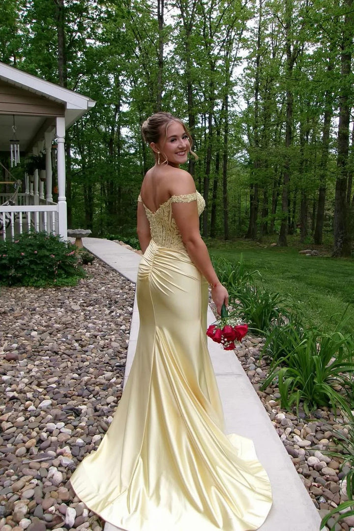 Lumidress Elegant Yellow Satin Off-the-Shoulder Mermaid Prom Dress with Appliqués