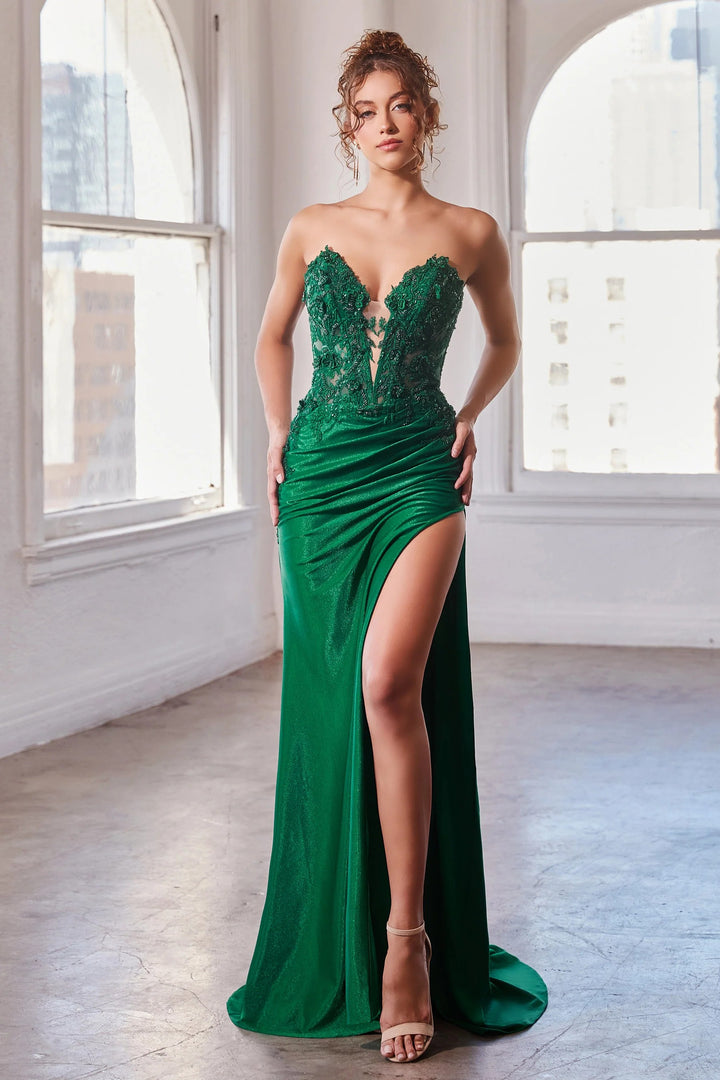 Lumidress V-Neck Fitted Lace Applique Satin Strapless Slit Corset Dress