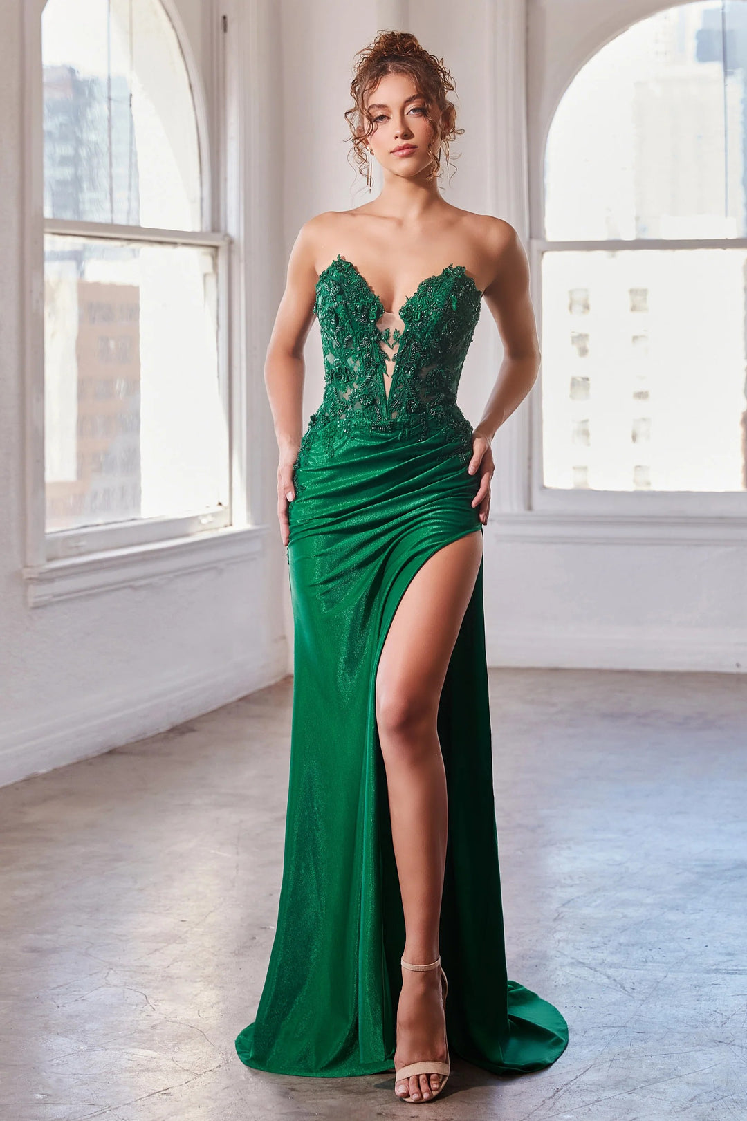 Lumidress Strapless V-Neck Beaded Applique Satin Slit Gown