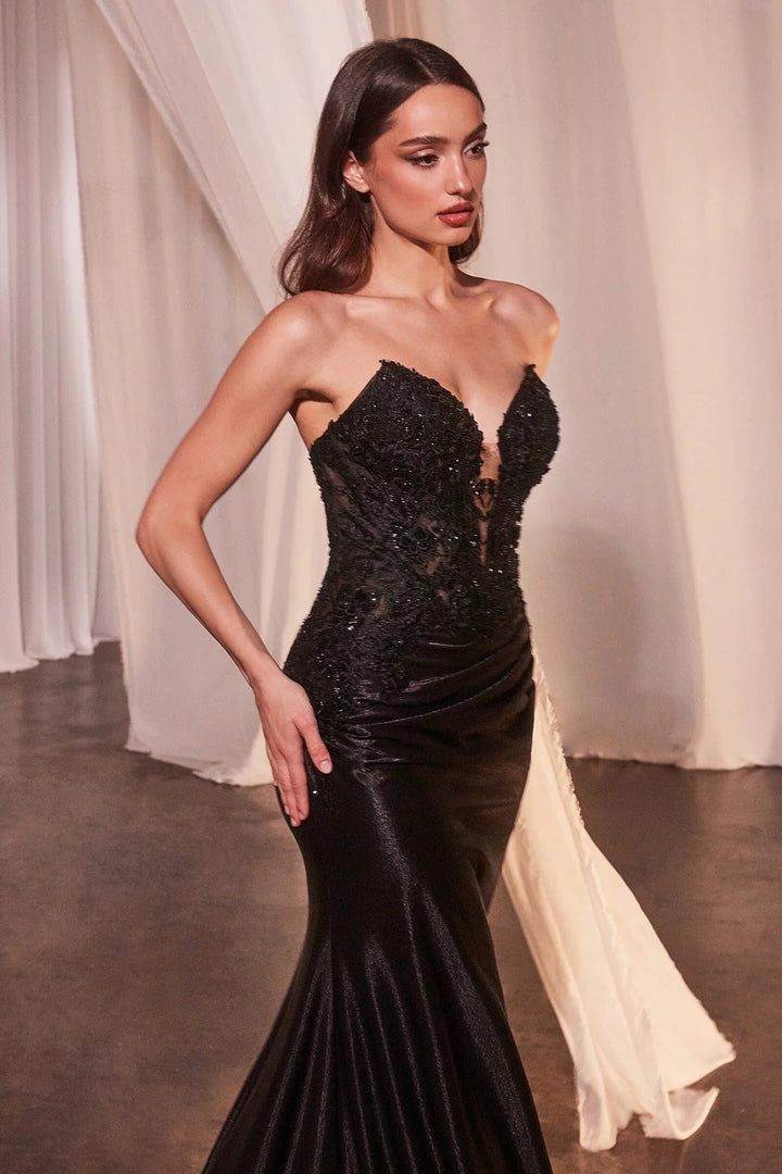 Lumidress V-Neck Fitted Lace Applique Satin Strapless Slit Corset Dress