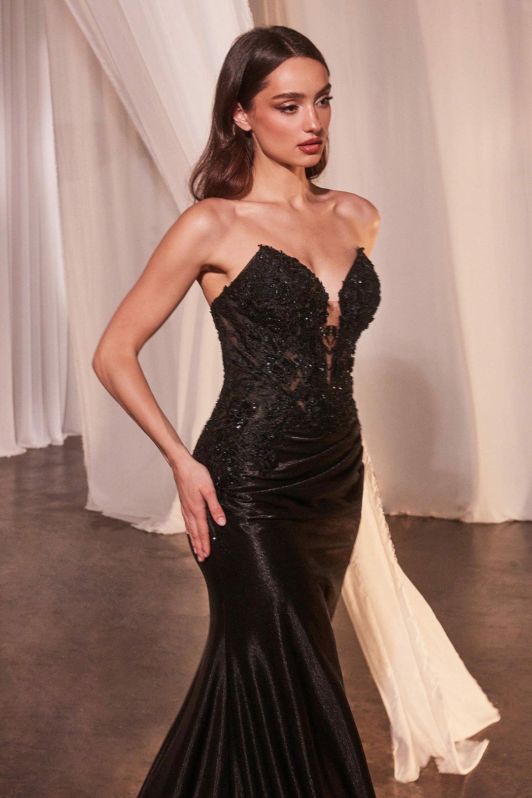 Lumidress Strapless V-Neck Beaded Applique Satin Slit Gown