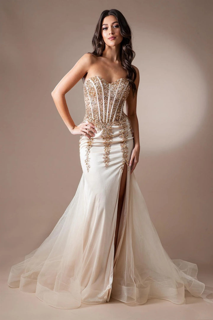 Lumidress Beaded Applique Strapless Mermaid Slit Floor-Length Prom Gown
