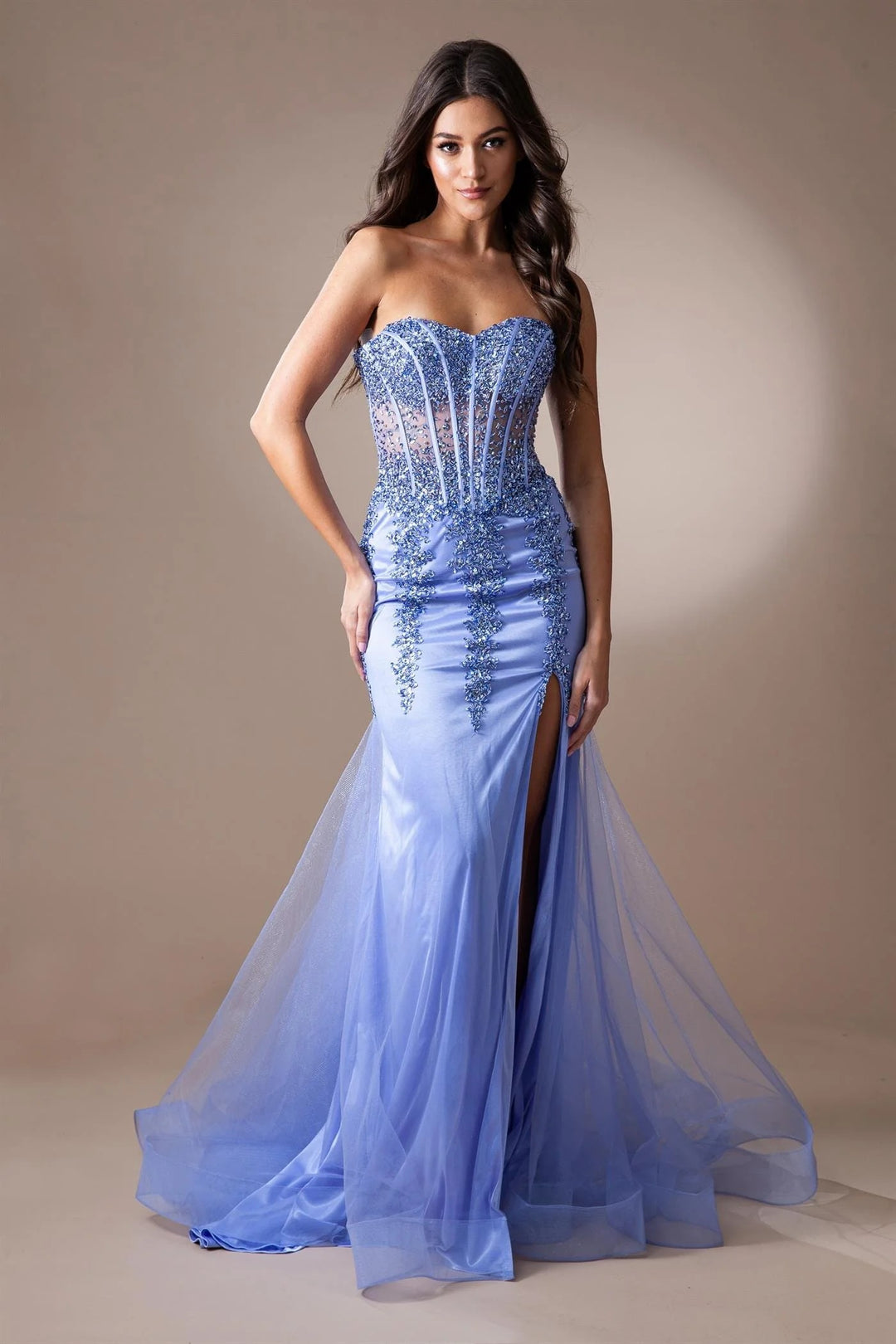 Lumidress Beaded Applique Strapless Mermaid Slit Floor-Length Prom Gown