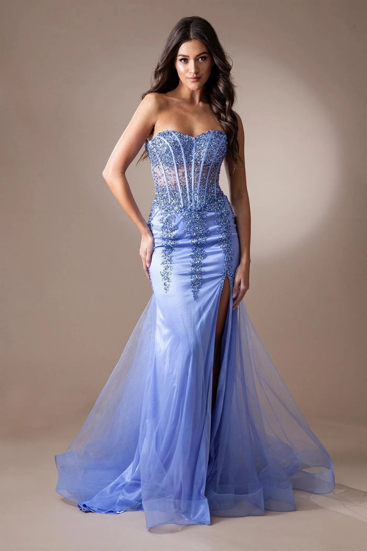 Lumidress Beaded Applique Strapless Mermaid Slit Floor-Length Prom Gown