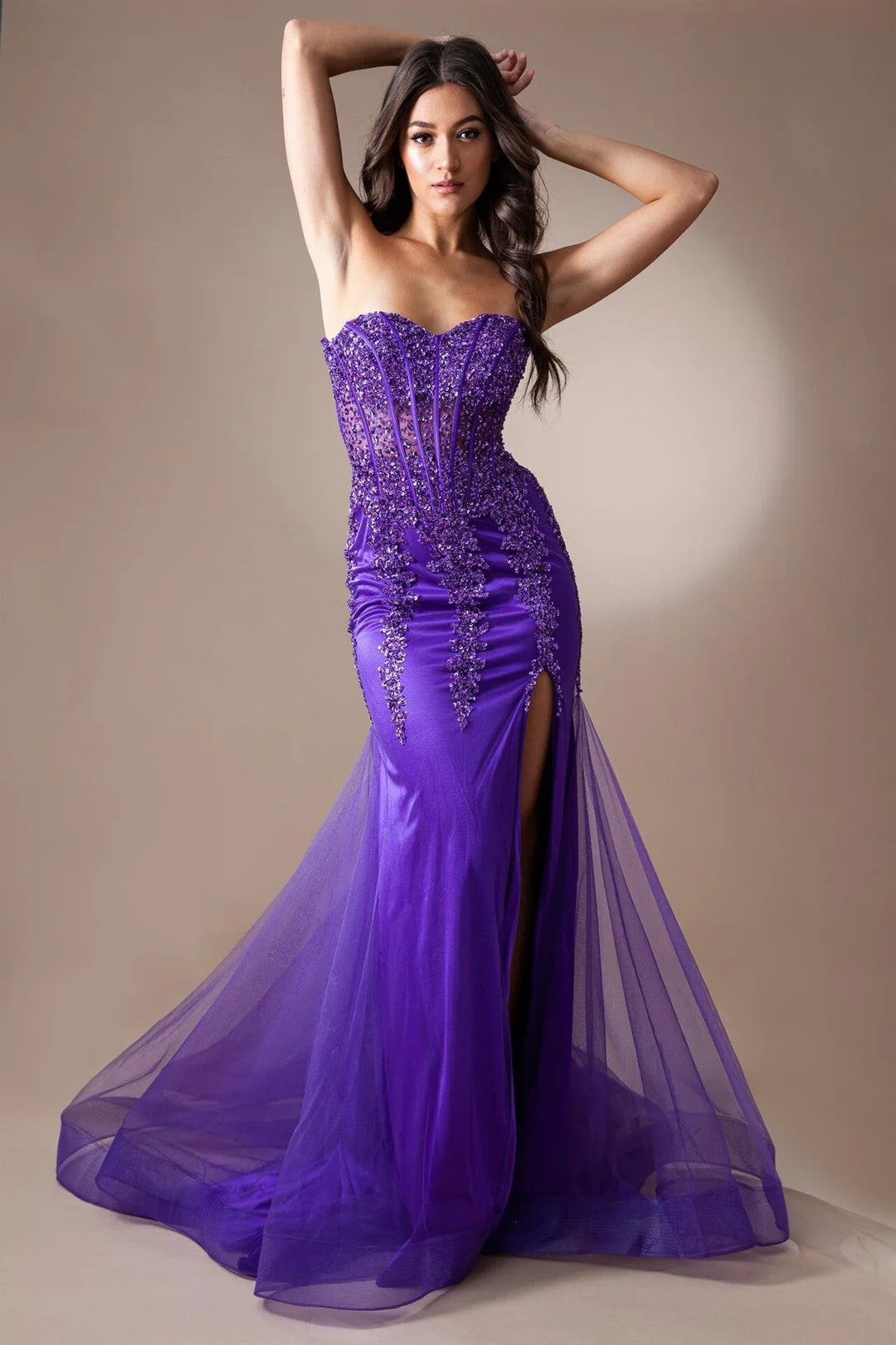 Lumidress Beaded Applique Strapless Mermaid Slit Floor-Length Prom Gown