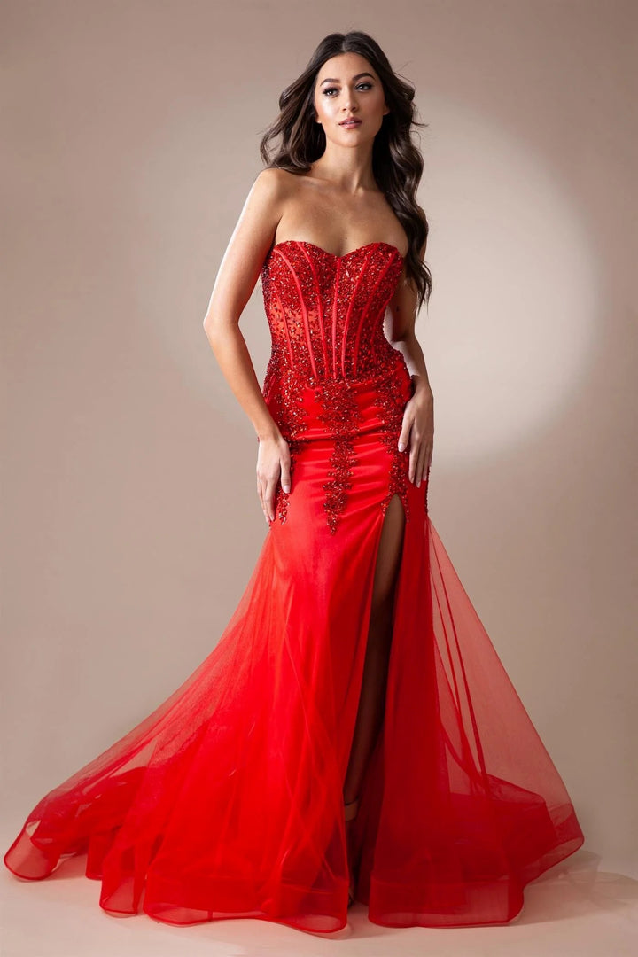 Lumidress Beaded Applique Strapless Mermaid Slit Floor-Length Prom Gown