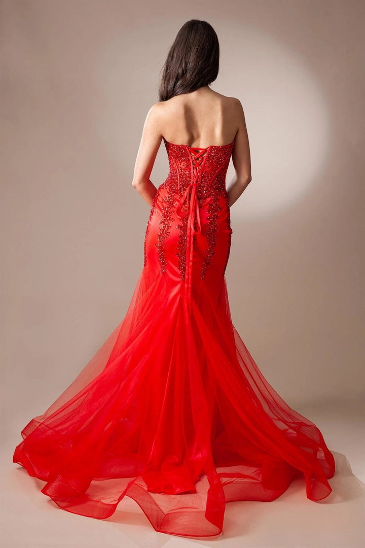 Lumidress Beaded Applique Strapless Mermaid Slit Floor-Length Prom Gown