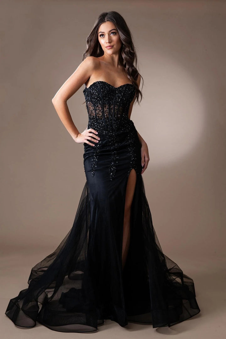 Lumidress Beaded Applique Strapless Mermaid Slit Floor-Length Prom Gown