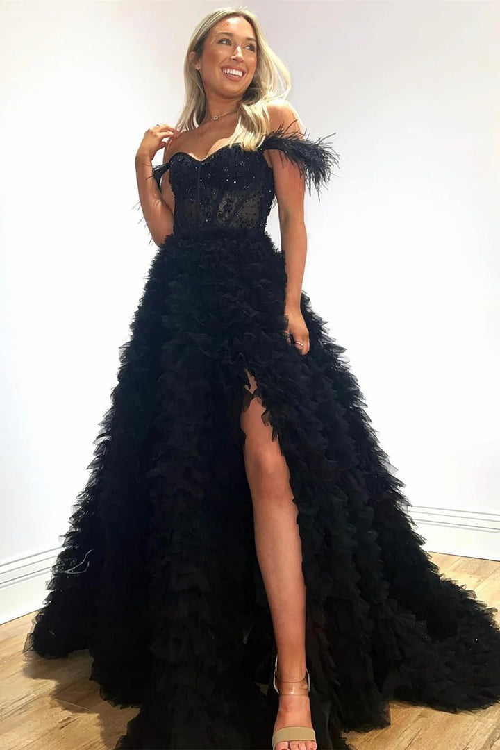 Lumidress Blush Pink Off-Shoulder Feathered Corset Gown with Layered Ruffle Train