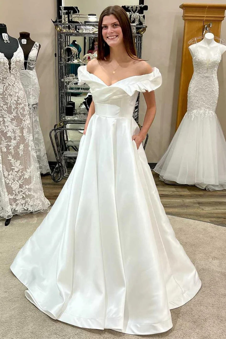 Lumidress Elegant Off-the-Shoulder Satin Ball Gown Wedding Dress