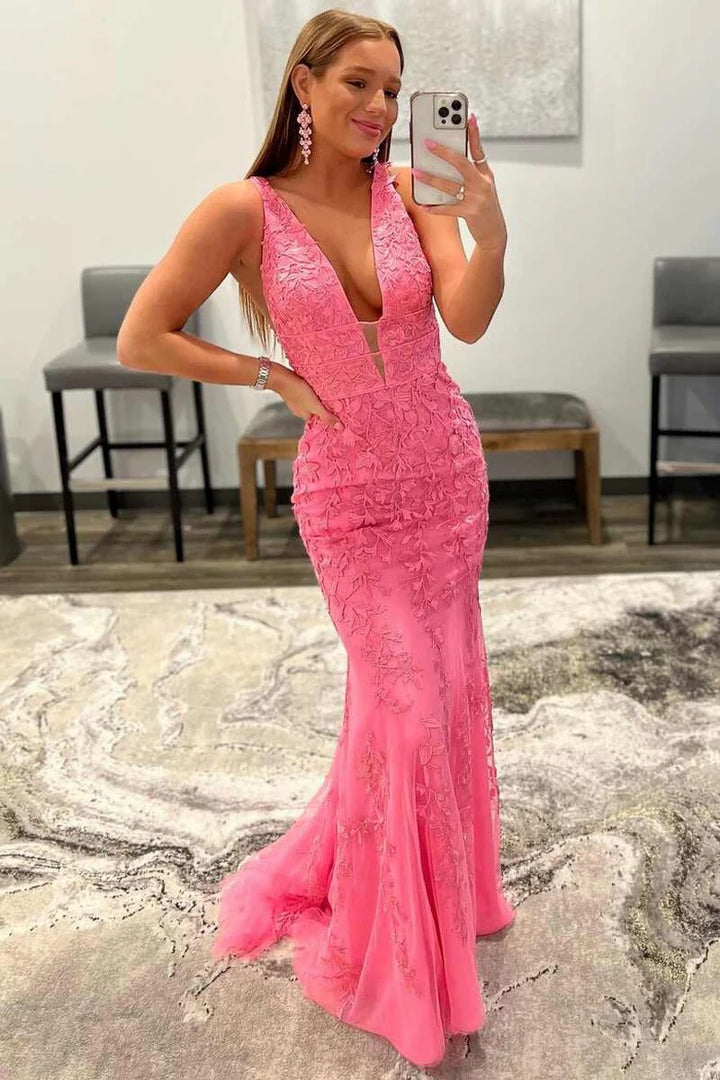 Lumidress Hot Pink Deep V-Neck Floral Embroidered Mermaid Gown