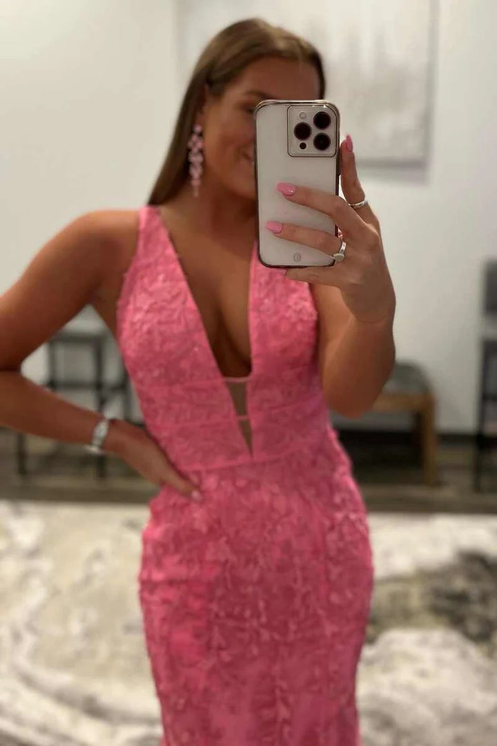 Lumidress Hot Pink Deep V-Neck Floral Embroidered Mermaid Gown