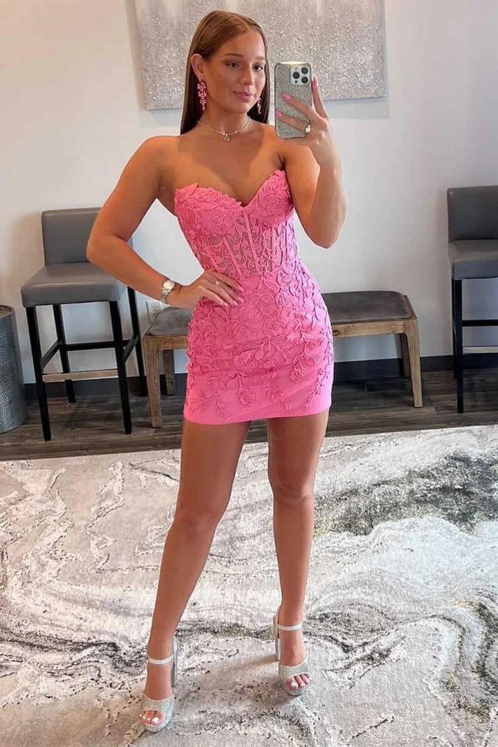 Lumidress Elegant Strapless Mini Homecoming Dress with Lace Appliques