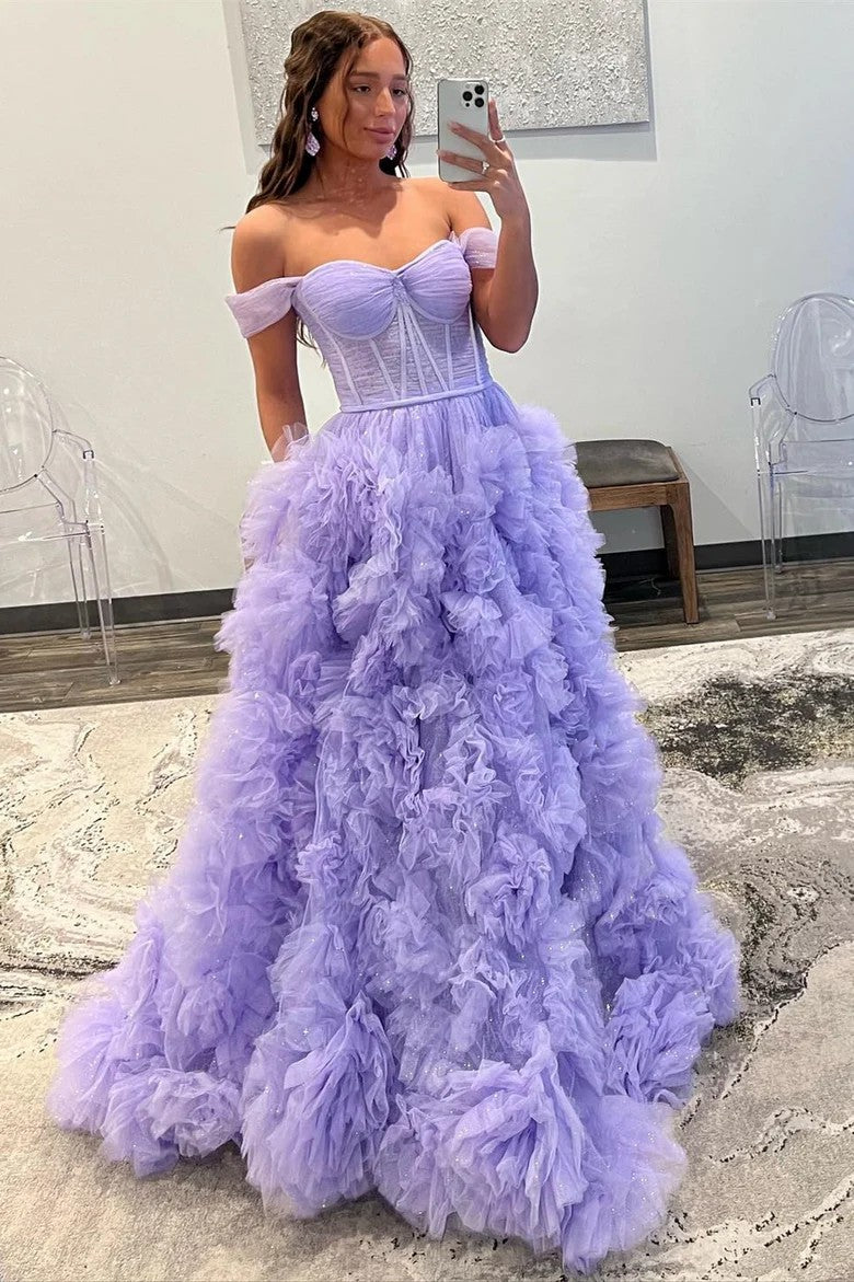 Lumidress Lavender Off-Shoulder Corset Bodice Tulle Ball Gown with Ruffled Skirt