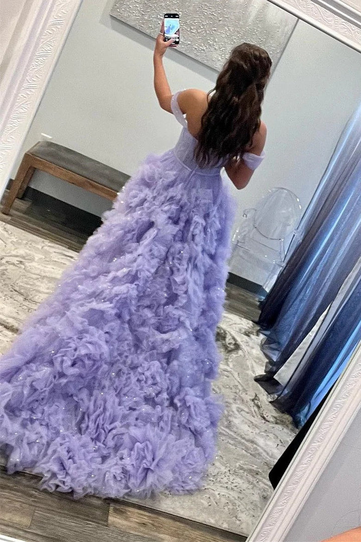 Lumidress Lavender Off-Shoulder Corset Bodice Tulle Ball Gown with Ruffled Skirt