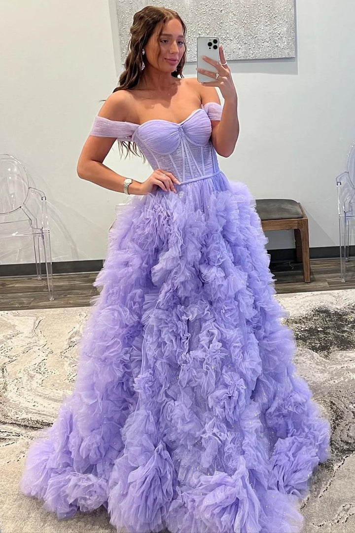 Lumidress Lavender Off-Shoulder Corset Bodice Tulle Ball Gown with Ruffled Skirt