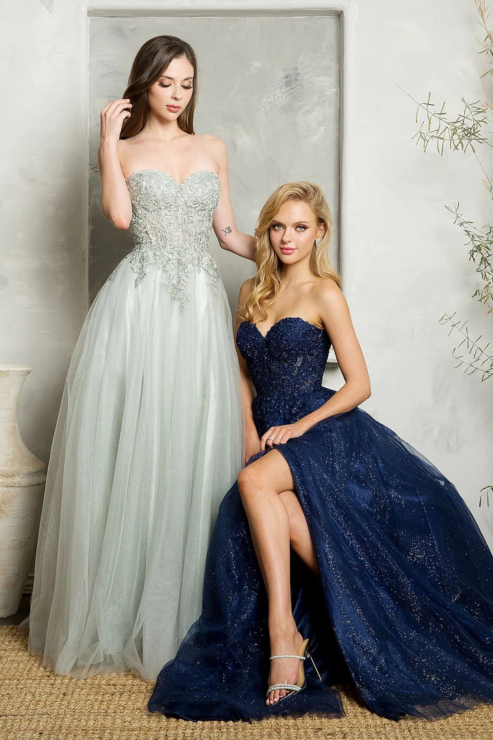 Lumidress Strapless Lace Applique Glitter Tulle A-Line Slit Gown